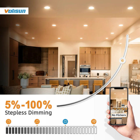 VOLISUN 60 Pack 6 inch Recessed Lighting, 5CCT Ultra-Thin, 1080Lumen in modern kitchen with stepless dimming feature.