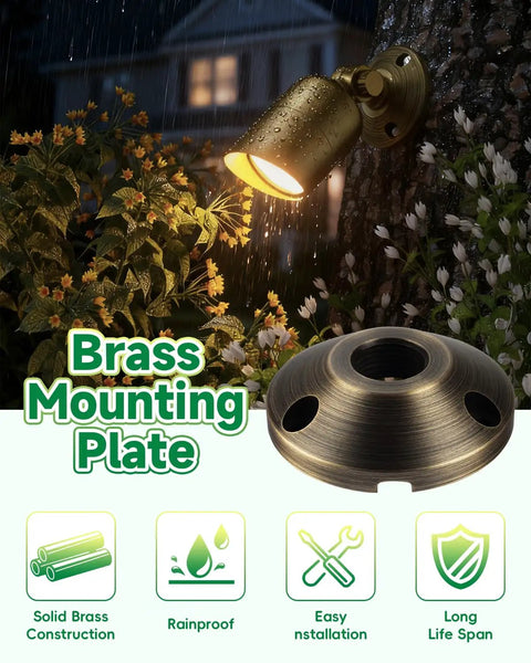 Sturdy Brass Landscape Lighting Mounting Base For Outdoor Low Voltage Lighting Surface Mount Plate Antique Bronze Finish Durable Weatherproof Outdoor Light Mounting Bracket Set Of Two shown in use on a tree.
