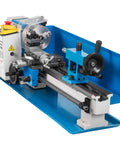 7X14 Mini Metal Lathe Machine With 550W Motor And Variable Speed Control Up To 2500 Rpm for precise metal turning on blue base.