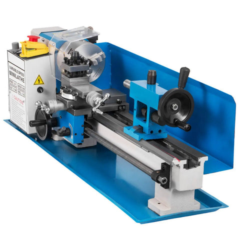 7X14 Mini Metal Lathe Machine With 550W Motor And Variable Speed Control Up To 2500 Rpm for precise metal turning on blue base.