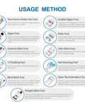 Usage-method infographic for Qeykizy 11-piece sewing machine presser feet kit showing 11 labeled feet
