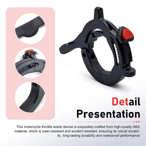 Heavy Duty Motorcycle Throttle Lock With Anti Slip Cushion Grip That Provides Dead Simple Cruise Control For Chill Highway Rolling On Street Bikes Scooters And E Bikes To Spare Your Wrists, showing red button and textured grip.