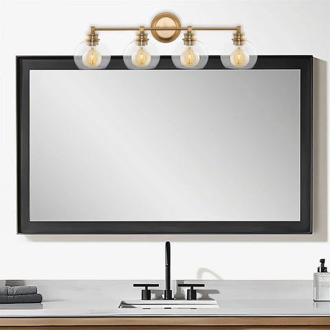 Clear Globe Glass Shades Set on brass fixture, over bathroom mirror, 6 By 5 Inch, 1 5 Eighth Inch Fitter Opening For Threaded Medium Base Socket