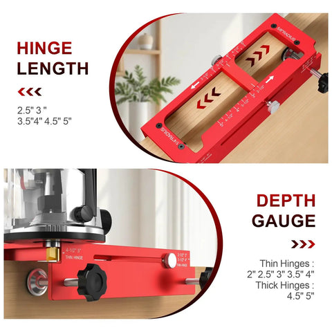 Pro Grade Aluminum Door Hinge Jig and Adjustable Mortise Router Template with depth gauge and hinge length settings.