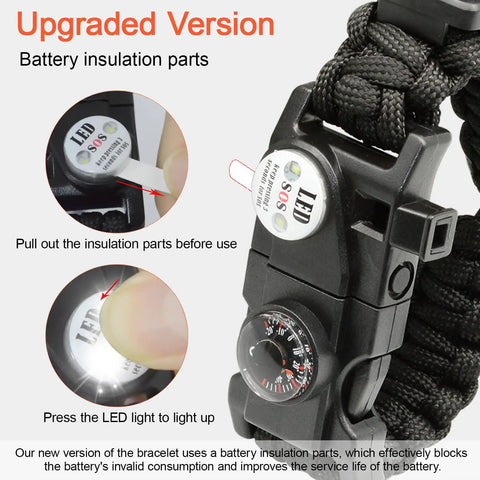 Close-up of 20 In 1 Paracord Survival Bracelet with SOS LED light, compass and fire starter features, battery insulation detail.