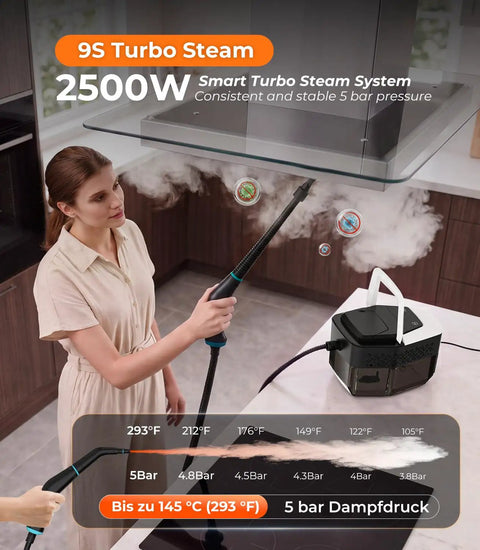 16-In-1 Upgraded Steam Cleaner With 2500W Motor And 9S Rapid Heating in use cleaning kitchen surfaces.
