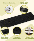 No Slip Carpet Stair Treads For Wooden Steps, 16 Piece 8 By 30 Inch Self Adhesive Stair Runners, Anti Slip Mats For Dogs Kids Elders, Quiet Durable Black showing features like machine washable and anti-slip.