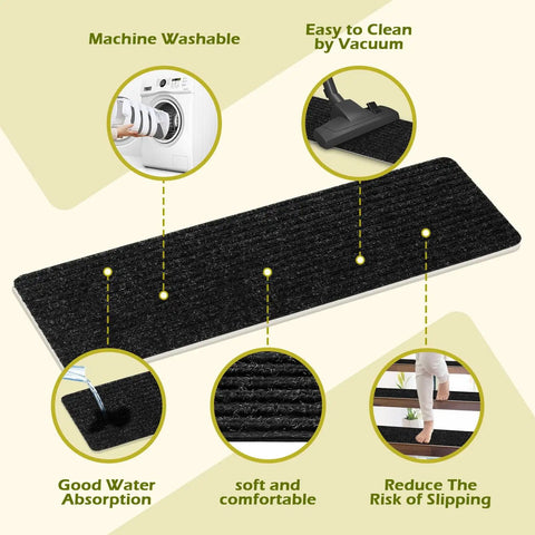 No Slip Carpet Stair Treads For Wooden Steps, 16 Piece 8 By 30 Inch Self Adhesive Stair Runners, Anti Slip Mats For Dogs Kids Elders, Quiet Durable Black showing features like machine washable and anti-slip.