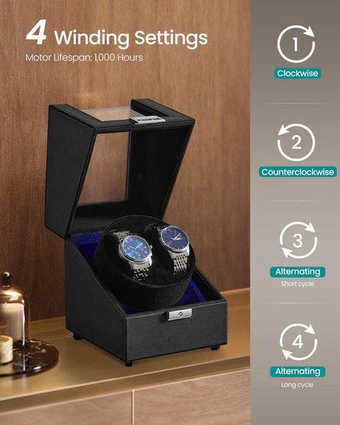 Automatic Double Watch Winder Box With No Fuss Quiet Motor LED Light USB C Powered Adjustable Pillow Locking Case For Automatic Watches 4 Winding Settings Great For Bedroom Or Desk Black