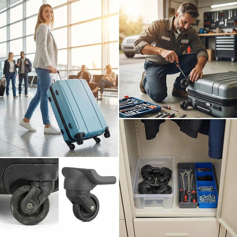 Heavy Duty Silent Replacement Wheels For Suitcase 360 Smooth Glide Spinner Kit showcased on luggage and tools.