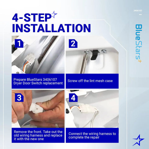 4-step installation guide for Easy Install Dryer Door Switch Replacement Fits Whirlpool Maytag Kenmore Dryers