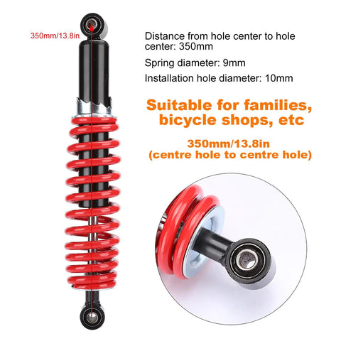 Heavy Duty 350mm Rear Shock Absorber For Buggy ATV Quad Dirt Bike Plus Mountain And Electric Bike, Durable Aluminum Alloy Suspension Strut To Smooth Out Rough Trails And Crush Any Off Road Obstacle With Ease. 350mm red spring shock absorber with 10mm mounting hole