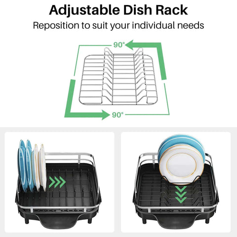 Expandable Dish Drying Rack For Kitchen Counter With Drainboard And Utensil Holder, adjustable width demonstration, holds plates