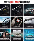 OBD2 Scanner CR319 Full OBD2 Functions Code Reader overview with features and functionalities for diagnostics.