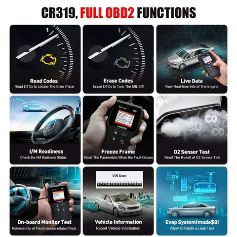 OBD2 Scanner CR319 Full OBD2 Functions Code Reader overview with features and functionalities for diagnostics.