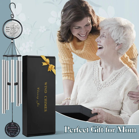 Ultimate 36 Inch Outdoor Wind Chimes Gift For Mom From Kids And Grandkids, box and wind chimes next to happy mom and daughter.