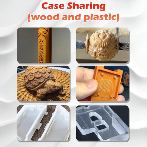 Collage showing outputs from Four Axis Desktop CNC Router With 36000 RPM 1200W Water Cooled Spindle, featuring wood and plastic engravings.