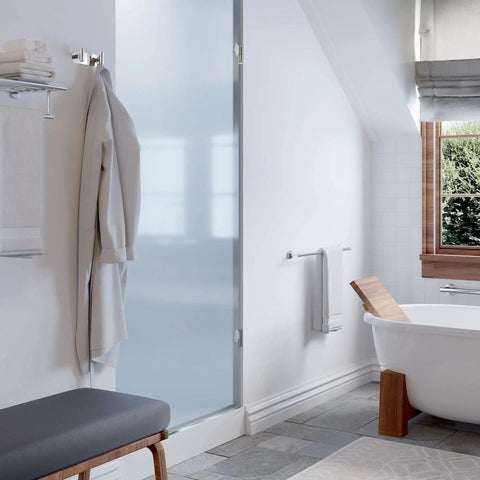 Latitude II 24-Inch Wall Mounted Towel Bar in Chrome for Modern Bathrooms, beside a bathtub with a wooden accent.