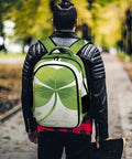 Person wearing Green Three Leaf Clover Printed Unisex Backpack With Large Capacity, Durable Polyester Build, outdoors