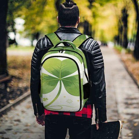Person wearing Green Three Leaf Clover Printed Unisex Backpack With Large Capacity, Durable Polyester Build, outdoors