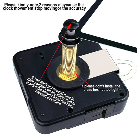 Quartz Long Shaft Clock Movement Kit For DIY Wall Clocks Easy Install, 31mm Shaft, 24.6mm Thread, Jump Second Mechanism, Replacement Clock Repair Part With Two Pairs Of Hands Included, showing installation instructions.