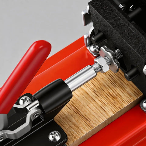 Close-up of the No Bull Adjustable Pen Blank Vise And Square Drill Jig, showcasing its clamp mechanism and MDF safety plate.