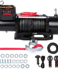 Beast 20,000 Lbs Heavy Duty Electric Winch 12V DC IP68 Waterproof With 0.47 Inch By 85 Foot Synthetic Rope 7.9 HP Motor 4 Stage