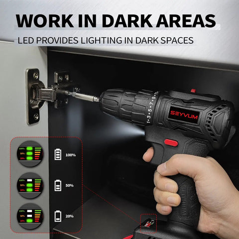 Hand using 21V Cordless Drill Kit With Brushless Motor, Compact Grip, And Quick Charger in dark space on cabinet hinge.