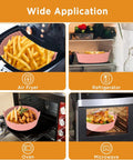 2 Pack 8.5 Inch Air Fryer Silicone Liners Reusable Basket Liners For 5 To 8 Qt Fryers Easy Cleanup Keeps Grease Off Food No Mess Dishwasher Safe Nonstick Pot Red And Pink displayed across different kitchen appliances
