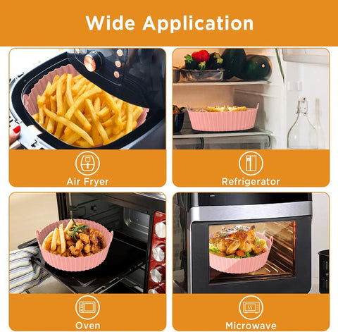 2 Pack 8.5 Inch Air Fryer Silicone Liners Reusable Basket Liners For 5 To 8 Qt Fryers Easy Cleanup Keeps Grease Off Food No Mess Dishwasher Safe Nonstick Pot Red And Pink displayed across different kitchen appliances