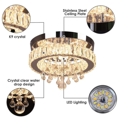 Small Crystal Chandelier LED Ceiling Light Flush Mount for Dining Room, Bedroom and Hallway 11.8 Inch 25W Warm White Glow 85-265V