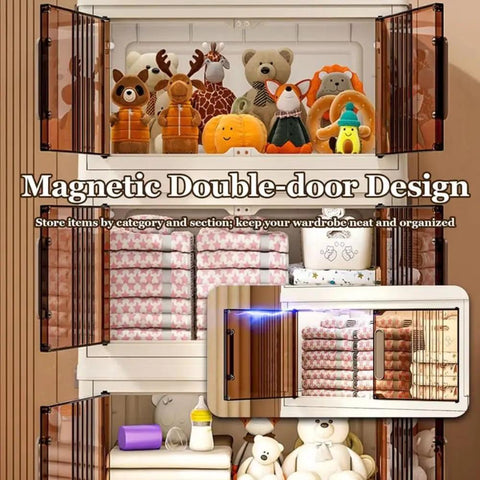 Big League Stackable Storage Bins with Secure Lids, 4-Tier Collapsible Plastic Cabinet organized with stuffed toys and folded items.