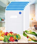 Reusable BPA Free Vacuum Sealer Bags Set With Double Zipper Seal 8.5x8.5 Inches displayed with fruits and fish