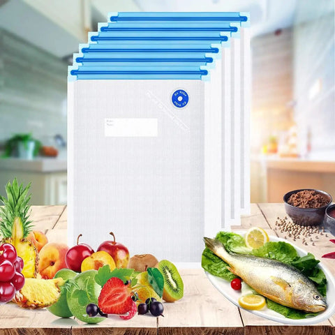 Reusable BPA Free Vacuum Sealer Bags Set With Double Zipper Seal 8.5x8.5 Inches displayed with fruits and fish