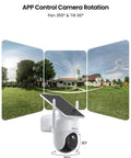 Wireless Outdoor Security Camera System With Solar Power 4 Camera 4MP HD Surveillance Base Station Local Storage PIR Motion showing camera rotation with 355° pan and 90° tilt.