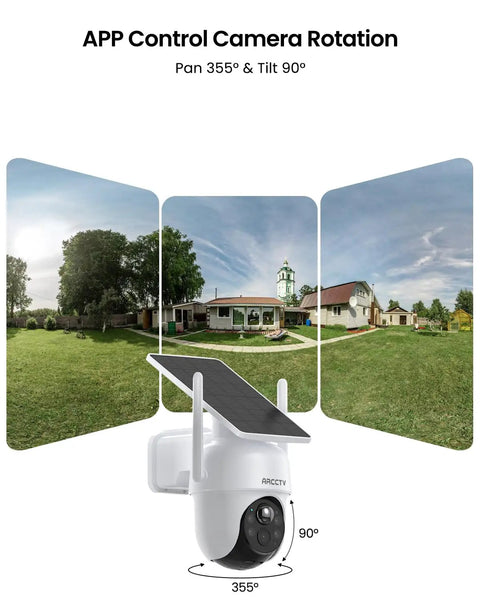 Wireless Outdoor Security Camera System With Solar Power 4 Camera 4MP HD Surveillance Base Station Local Storage PIR Motion showing camera rotation with 355° pan and 90° tilt.