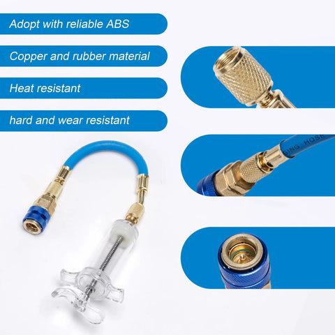 Hand Push Oil And Dye Injector Kit For Car AC Compressor, 30ml manual dye injector with 1/4 SAE quick coupler and flexible hose