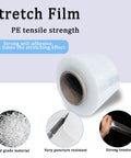 Next Level Stretchable Shrink Film Roll For Bottles Jars Cans Non Heated Cold Seal Bulk Packaging Supply Super Quick Hand Wrap showing roll and features.