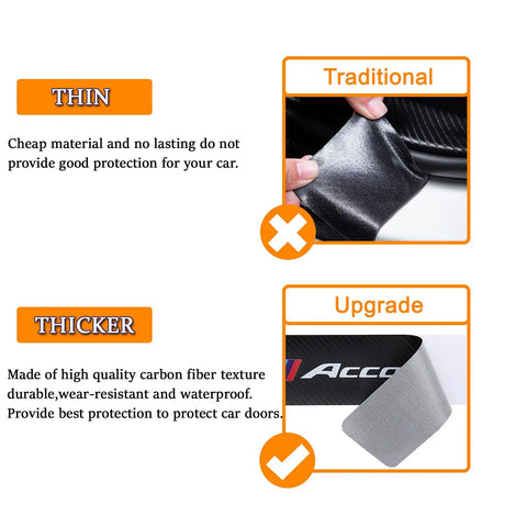 Comparison of door sill materials, highlighting thinner traditional protection versus thicker carbon fiber look guards for Honda Accord.