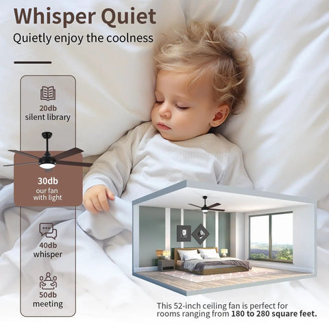 Sleeping child with 52 Inch Wood Ceiling Fan With Light And Remote, quiet feature showcased, ideal for farmhouse bedroom.