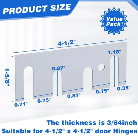 Diagram of Stainless Steel 16 Gauge Door Hinge Shims 4-1/2 In By 1-5/8 In with measurements for door hinge repair