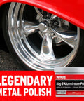 Close-up of polished aluminum wheel with jar of Mag And Aluminum Metal Polish That Restores Dull Surfaces To A Showroom Shine Easy Buff.