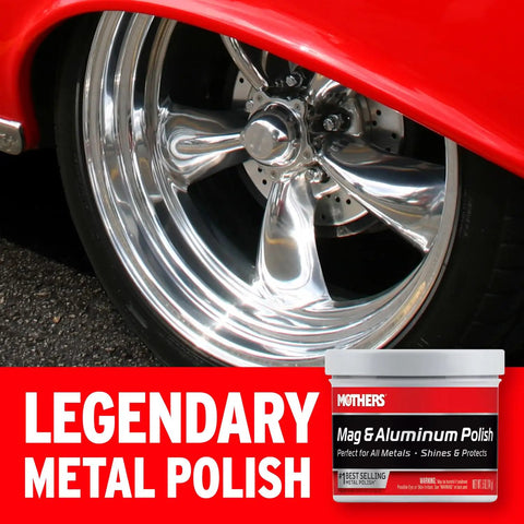 Close-up of polished aluminum wheel with jar of Mag And Aluminum Metal Polish That Restores Dull Surfaces To A Showroom Shine Easy Buff.