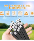 Heavy Duty Stainless Steel Cable Tie Gun Kit With 300 Pcs Black Metal Zip Ties For Auto Bundling Fastening And Wiring Projects Automatic Tension And Flush Cut Functionality For Secure Installation displaying black metal zip ties in hand.