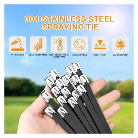 Heavy Duty Stainless Steel Cable Tie Gun Kit With 300 Pcs Black Metal Zip Ties For Auto Bundling Fastening And Wiring Projects Automatic Tension And Flush Cut Functionality For Secure Installation displaying black metal zip ties in hand.
