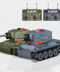 Two Player 1 To 64 RC Battle Tank Set With Infrared Shoot Dual Tanks With 330 Degree Rotating Turret Realistic Sound And Lighting Easy To Use Remote Perfect Gift For Kids Aged 8 And Up shown with two tanks and controllers