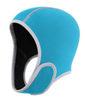 Light blue 2mm neoprene diving hood for men and women with chin strap UV protection, side view, comfortable fit