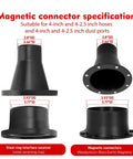 Hassle Free Magnetic Dust Collection Quick Connect Fitting System For Shop Vacuums And Woodworking Machinery With Four And Two Point Five Inch Rare Earth Adapter Kit, showing 4-in and 2.5-in magnetic connectors and specs.