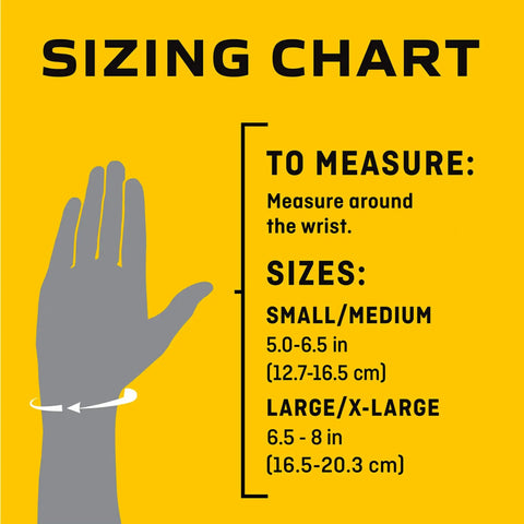 Sizing chart for Deluxe Thumb Stabilizer For Strong, Comfy On The Go Support, sizes Small/Medium, Large/X-Large, wrist measurement guide.