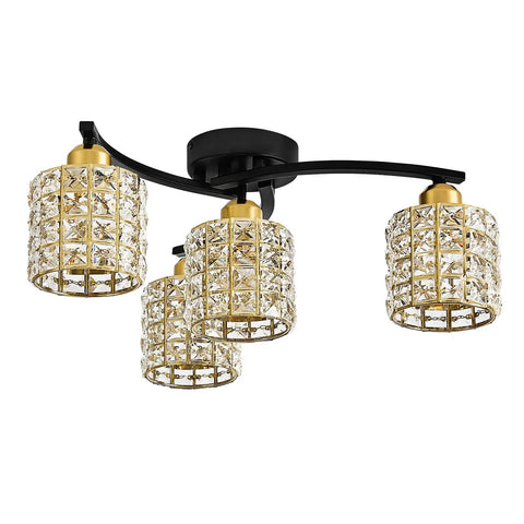 Four Light Crystal Flush Mount Ceiling Light in Black and Gold Modern Farmhouse Semi Flush Fixture with Crystal Shade
